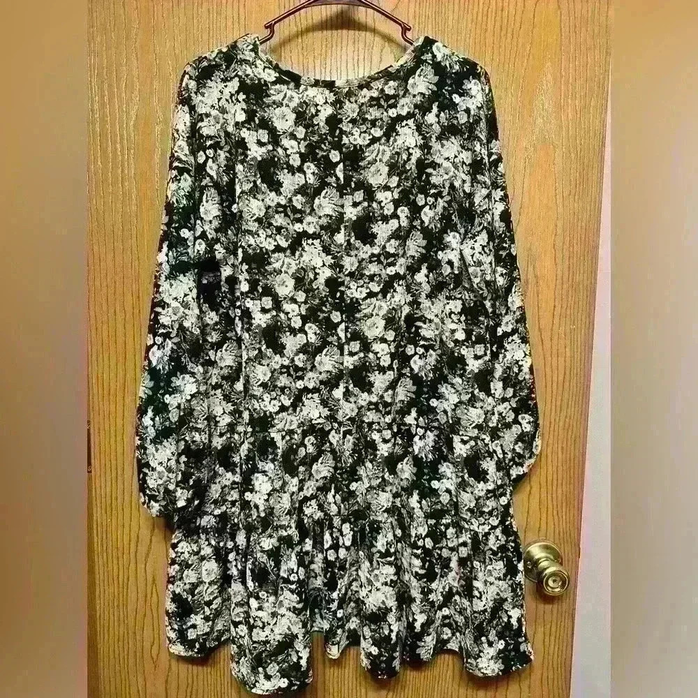 Maurices Black Floral Long Sleeve Babydoll Casual Mini Dress Size Large - Picture 5 of 5
